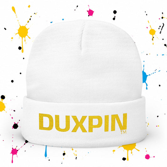 Embroidered 'DUXPIN' Knit Beanie – Cozy Winter Hat with Gold Lettering