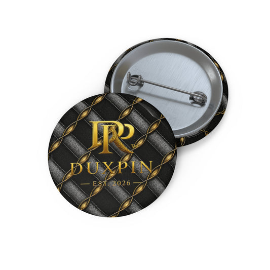 Luxury Branded Pin Button β 'DUXPIN EST. 2026' Gold Logo on Quilted Black