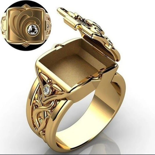 Creative Hot Sale European and American Style Carved Geometric Open Cap Locket Coffin Pattern Ring Men's Rings for Men