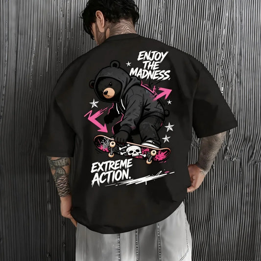 American men's summer teddy bear skateboard letter print comfortable and breathable round neck T-shirt outdoor street sports top