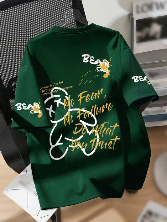 The 2025 summer new men's T-shirt features a casual fashionable sporty breathable and soft 3D bear pattern print