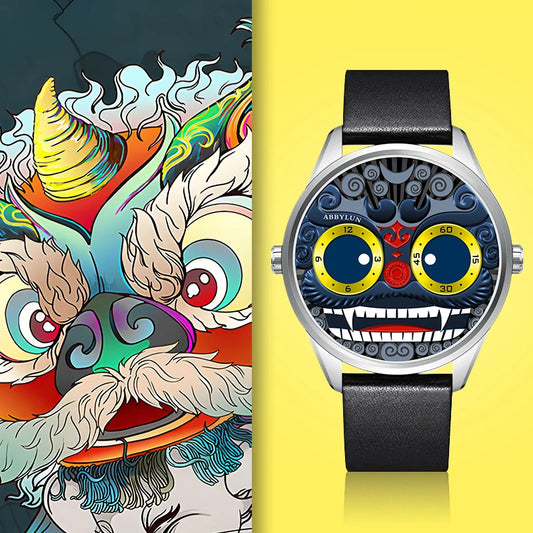 ABBYLUN 1363 Men's Quartz Watch Gold Clown Lion Creative Personalized Design Dial Leather Strap Cool Men's Watch montre homme