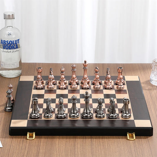 High end metal chess pieces, 38cm/15 inches, ebony wooden chessboard, providing foldable classic games for chess enthusiasts
