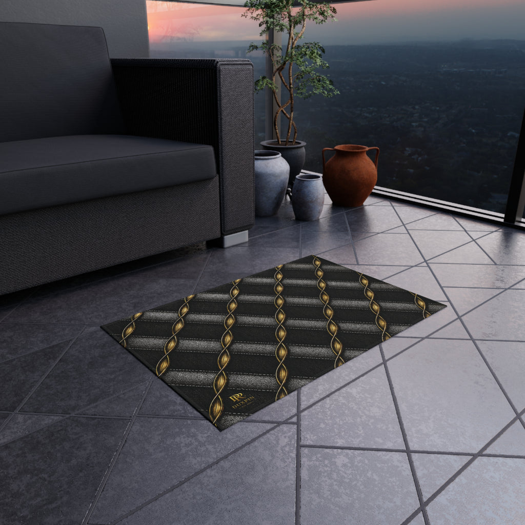 Outdoor Rug - Black Quilted Chain Pattern with Gold Accents