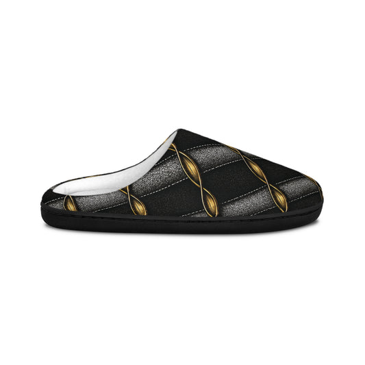 Women's Quilted Black & Gold Indoor Slippers — Luxe Chain Pattern