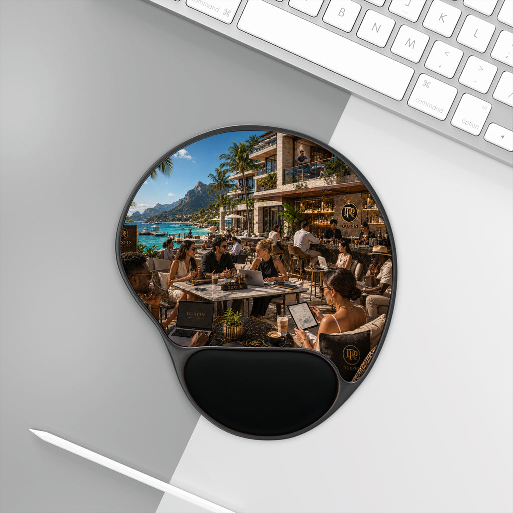 Tropical Beach Café Mouse Pad with Gel Wrist Rest – Oceanfront Workspace Vibe