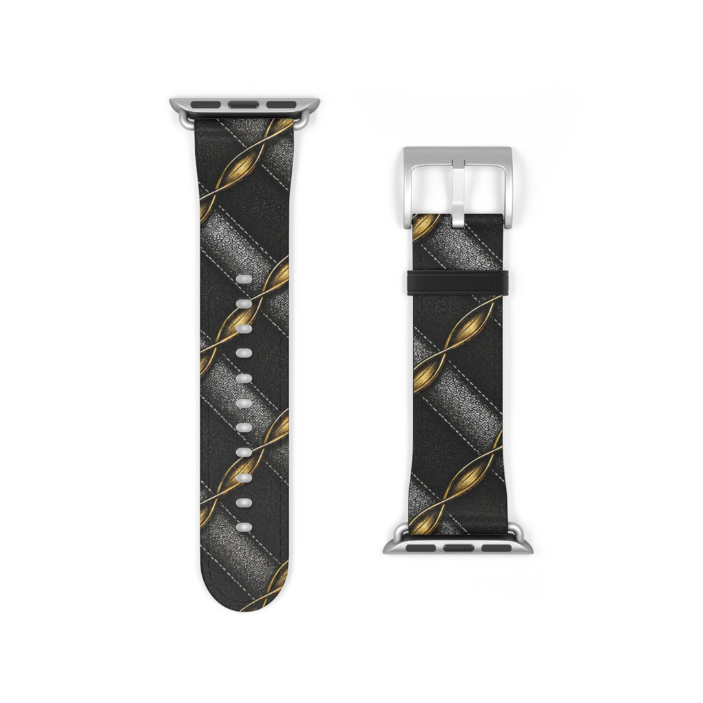 Black Quilted Leather Watch Band with Gold Chain Accent — Luxury Apple Watch Strap