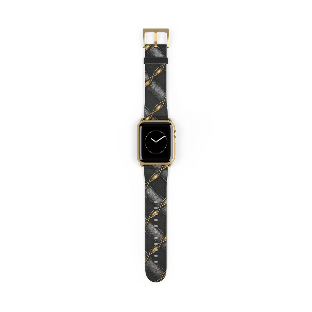 Black Quilted Leather Watch Band with Gold Chain Accent — Luxury Apple Watch Strap