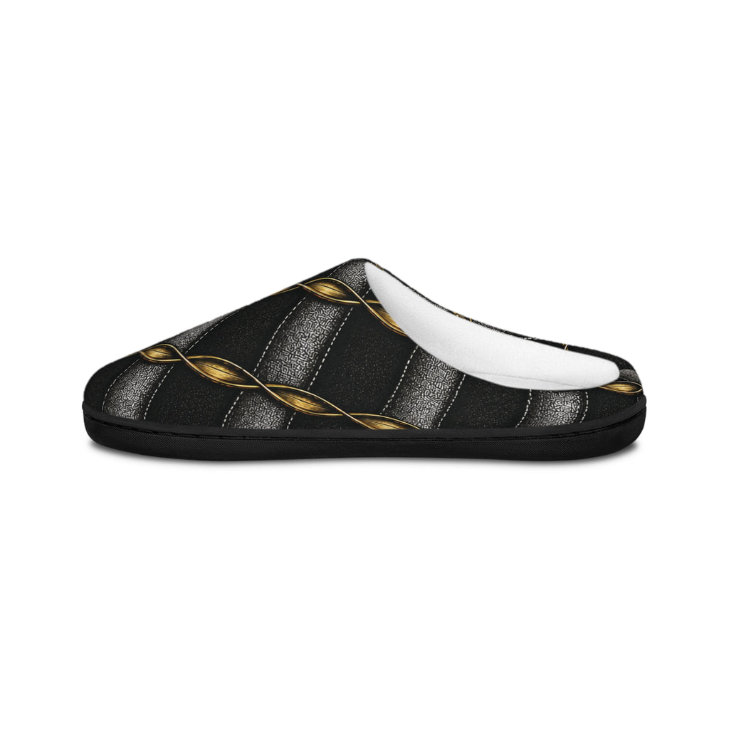 Women's Quilted Black & Gold Indoor Slippers — Luxe Chain Pattern
