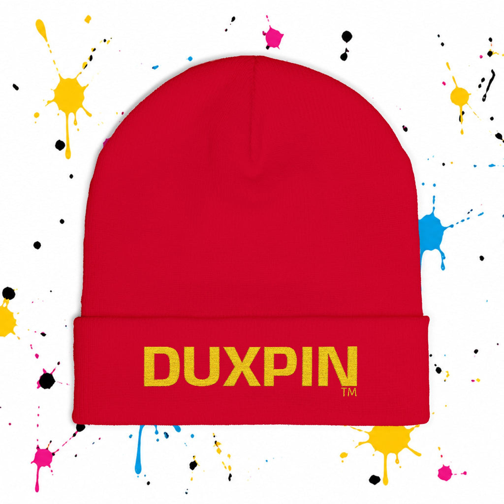 Embroidered 'DUXPIN' Knit Beanie – Cozy Winter Hat with Gold Lettering