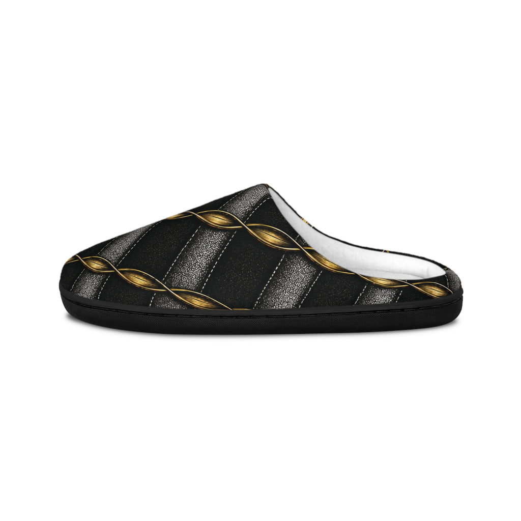 Women's Quilted Black & Gold Indoor Slippers — Luxe Chain Pattern