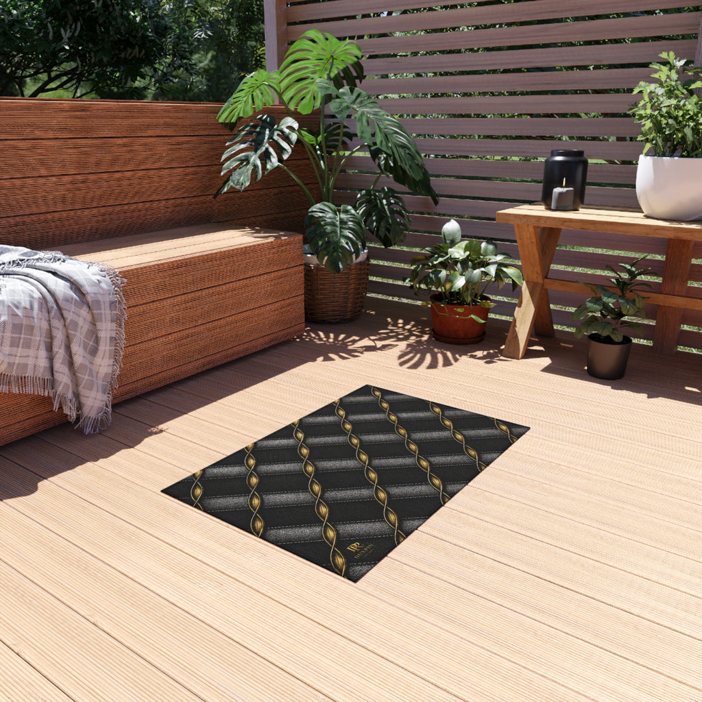 Outdoor Rug - Black Quilted Chain Pattern with Gold Accents
