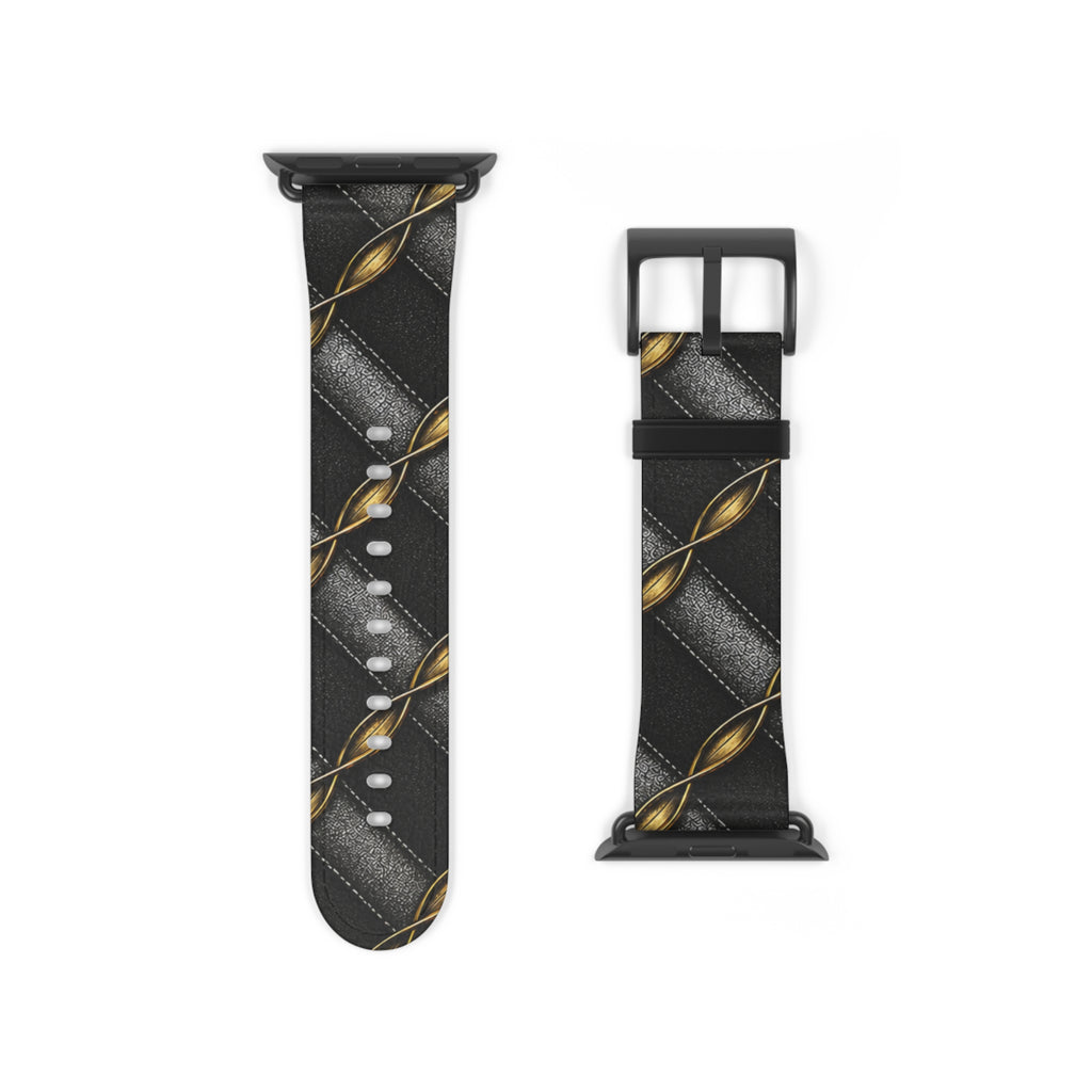 Black Quilted Leather Watch Band with Gold Chain Accent — Luxury Apple Watch Strap