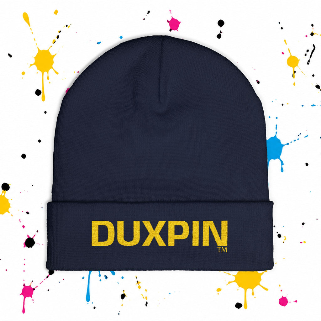 Embroidered 'DUXPIN' Knit Beanie – Cozy Winter Hat with Gold Lettering
