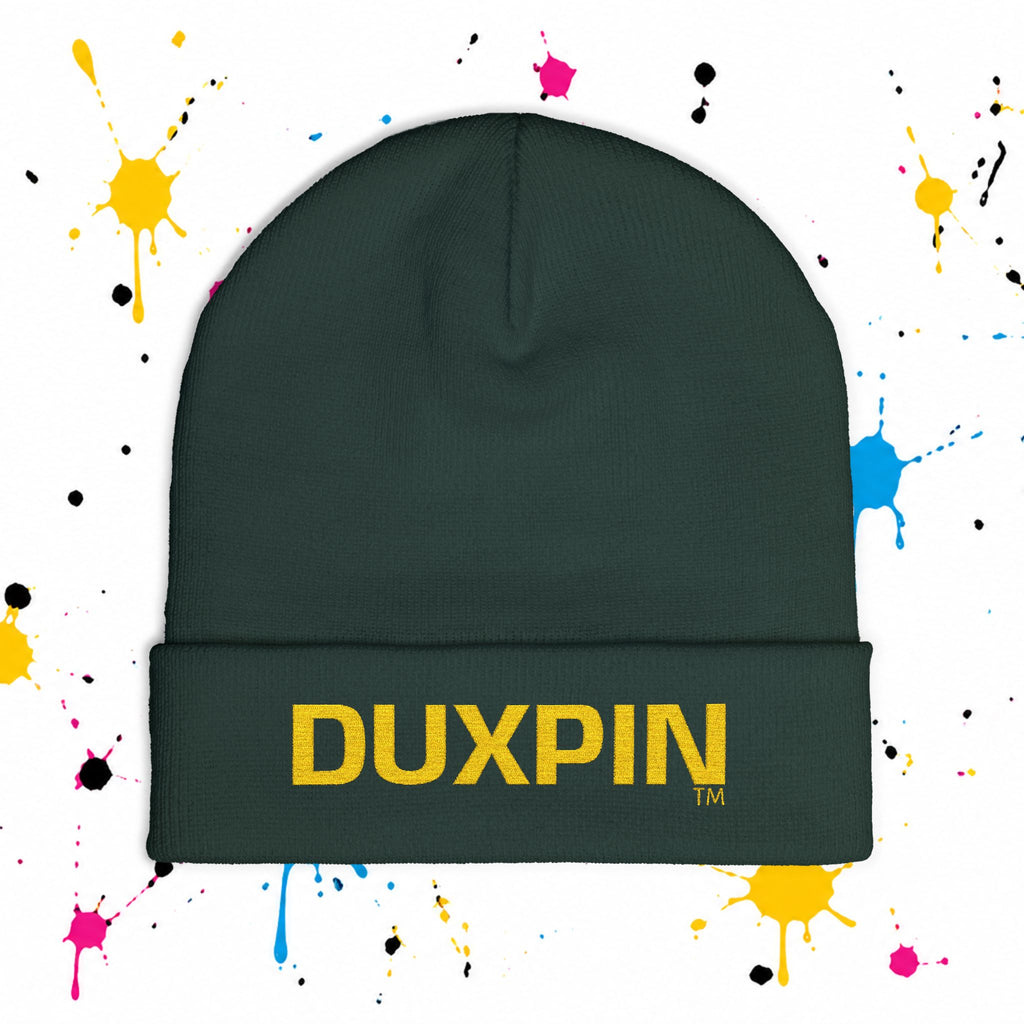 Embroidered 'DUXPIN' Knit Beanie – Cozy Winter Hat with Gold Lettering