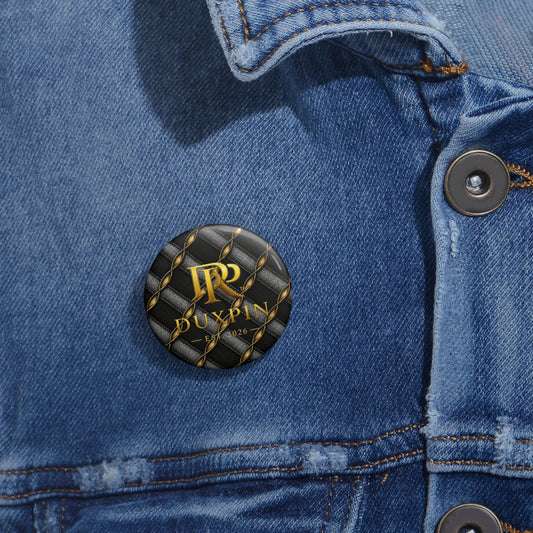 Luxury Branded Pin Button — 'DUXPIN EST. 2026' Gold Logo on Quilted Black