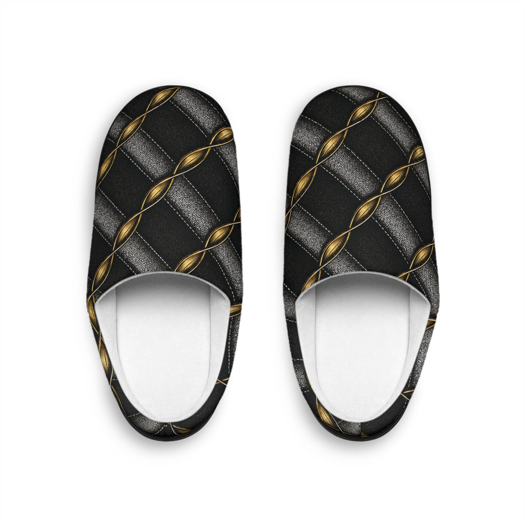 Women's Quilted Black & Gold Indoor Slippers — Luxe Chain Pattern