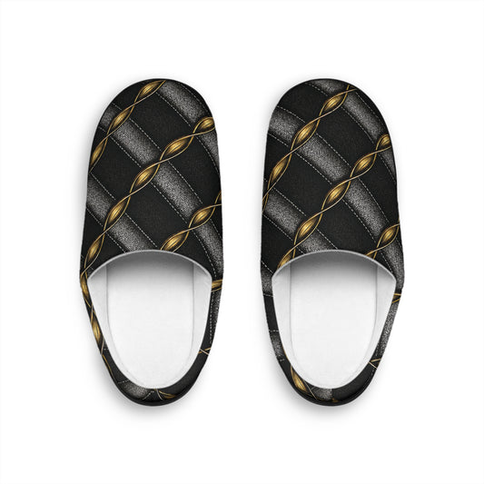 Women's Quilted Black & Gold Indoor Slippers — Luxe Chain Pattern