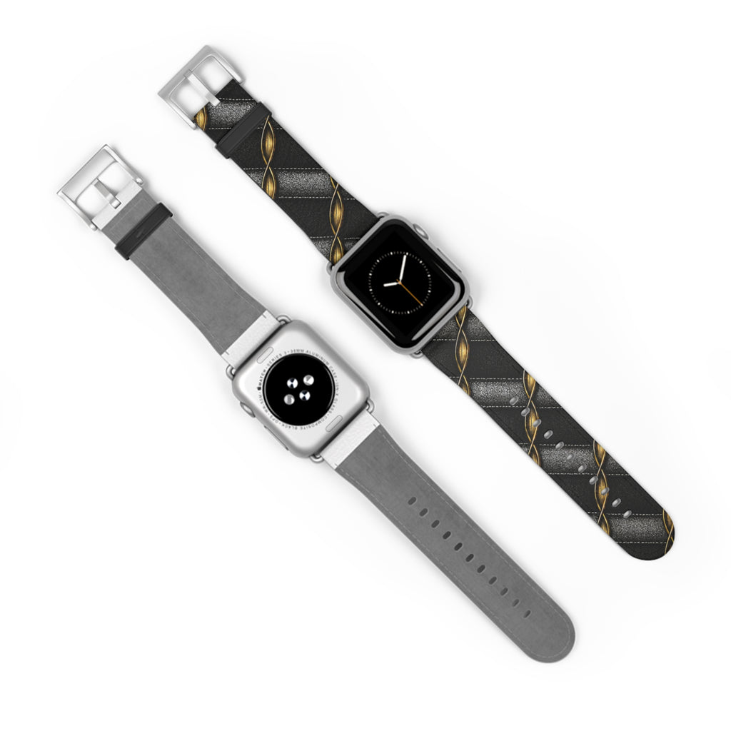Black Quilted Leather Watch Band with Gold Chain Accent — Luxury Apple Watch Strap