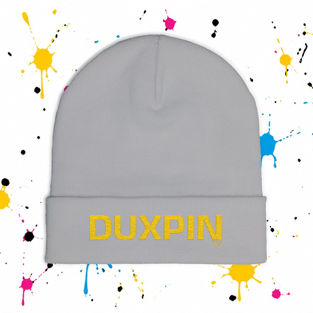 Embroidered 'DUXPIN' Knit Beanie – Cozy Winter Hat with Gold Lettering