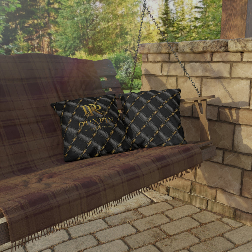 Duxpin Gold Crest Outdoor Pillow — Luxury Black Quilted Patio Accent