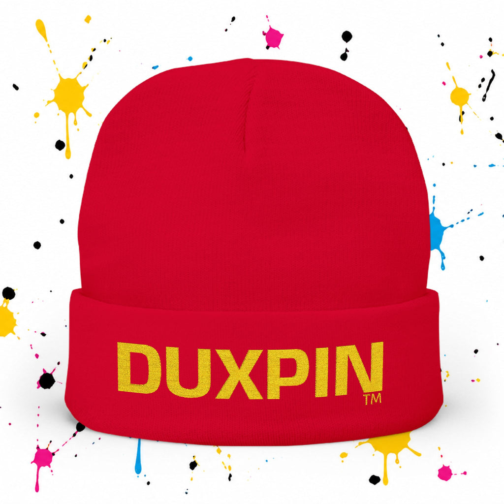 Embroidered 'DUXPIN' Knit Beanie – Cozy Winter Hat with Gold Lettering