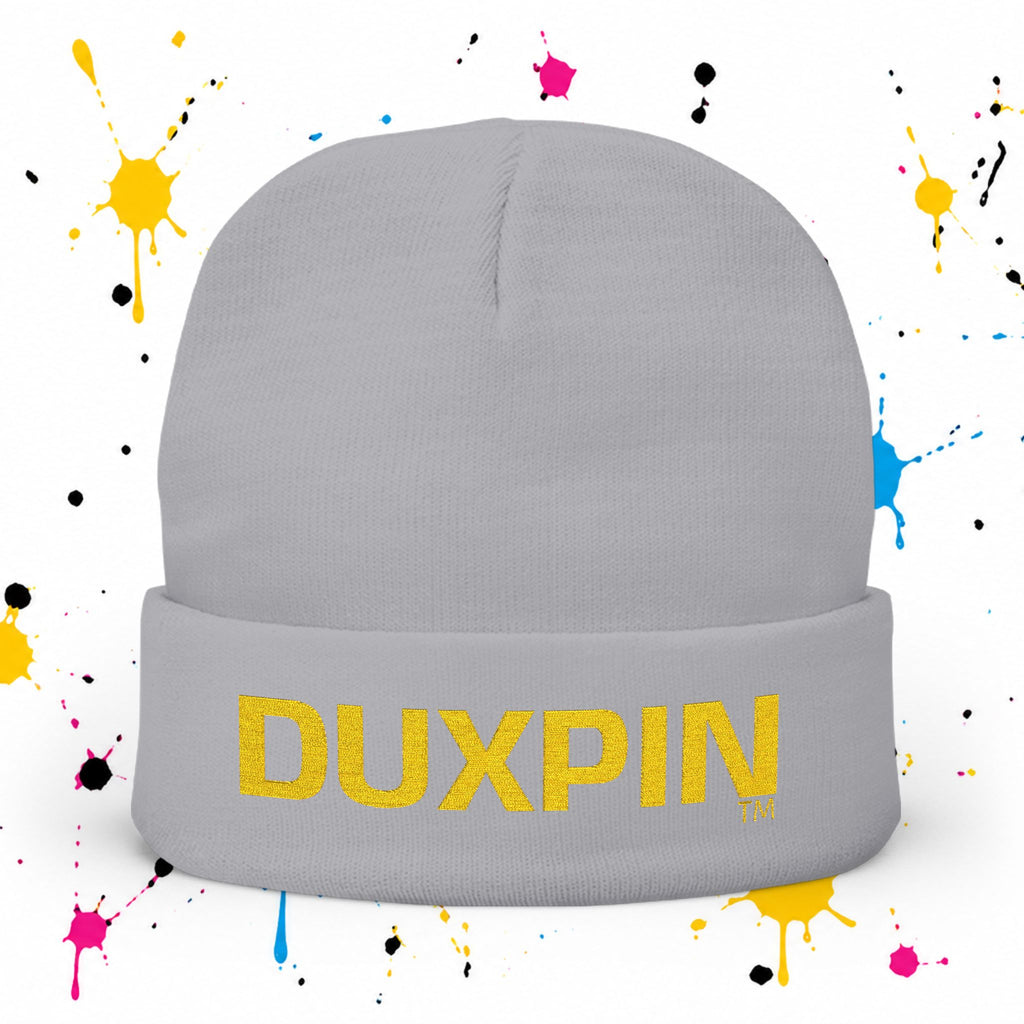 Embroidered 'DUXPIN' Knit Beanie – Cozy Winter Hat with Gold Lettering