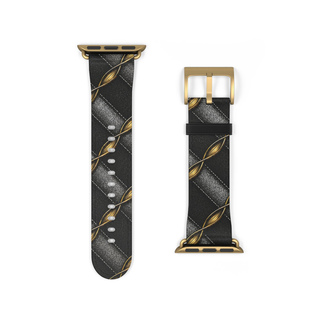 Black Quilted Leather Watch Band with Gold Chain Accent — Luxury Apple Watch Strap