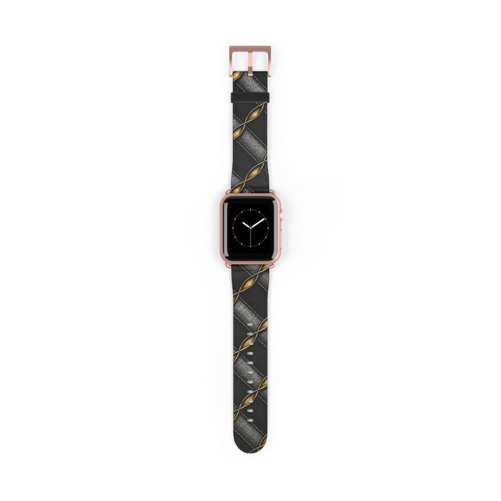 Black Quilted Leather Watch Band with Gold Chain Accent — Luxury Apple Watch Strap