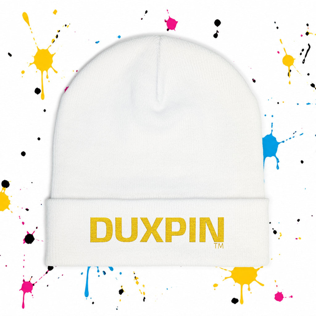 Embroidered 'DUXPIN' Knit Beanie – Cozy Winter Hat with Gold Lettering