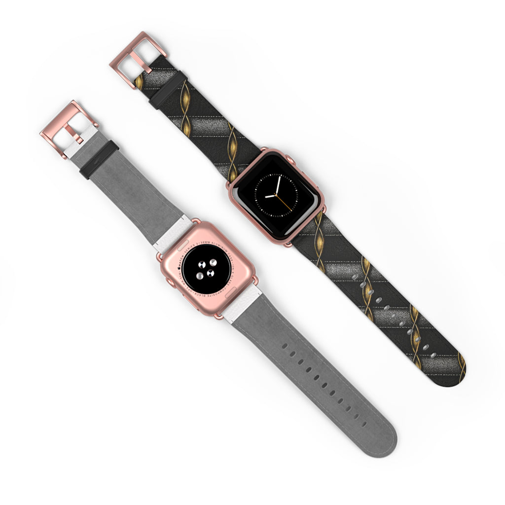 Black Quilted Leather Watch Band with Gold Chain Accent — Luxury Apple Watch Strap