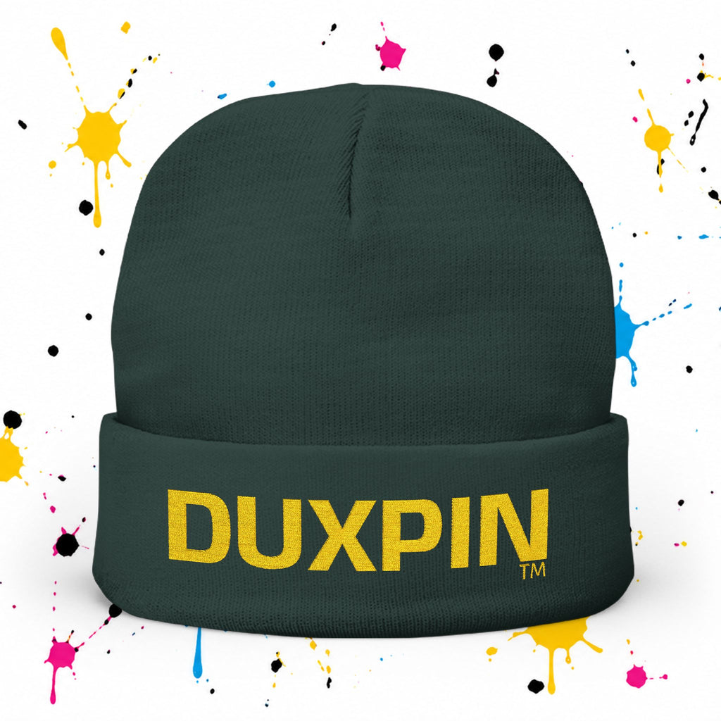 Embroidered 'DUXPIN' Knit Beanie – Cozy Winter Hat with Gold Lettering