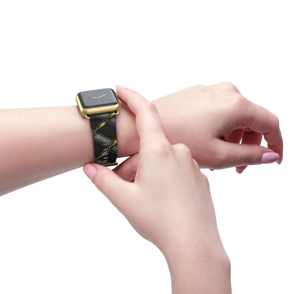 Black Quilted Leather Watch Band with Gold Chain Accent — Luxury Apple Watch Strap