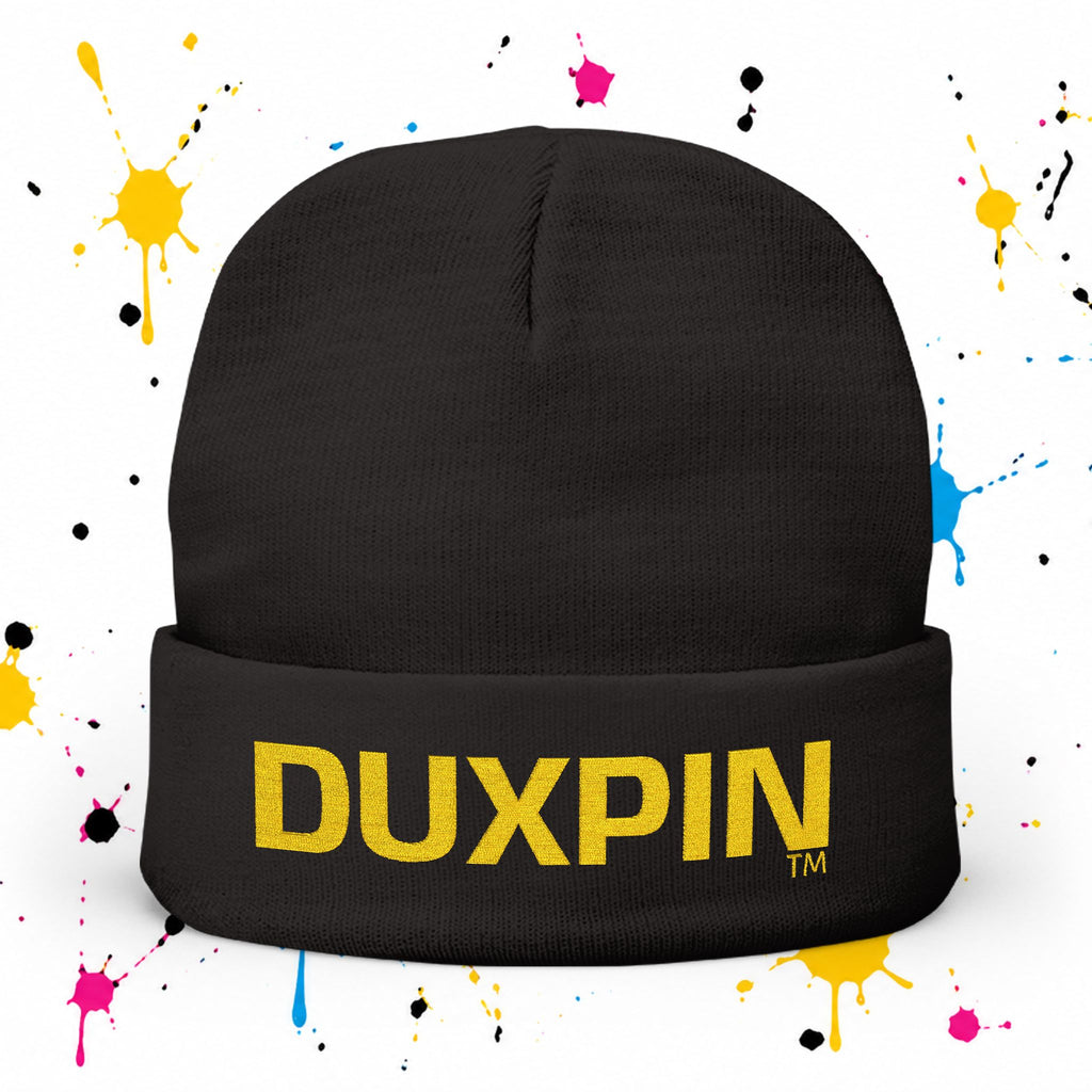 Embroidered 'DUXPIN' Knit Beanie – Cozy Winter Hat with Gold Lettering