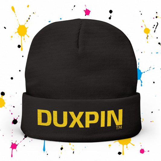 Embroidered 'DUXPIN' Knit Beanie – Cozy Winter Hat with Gold Lettering