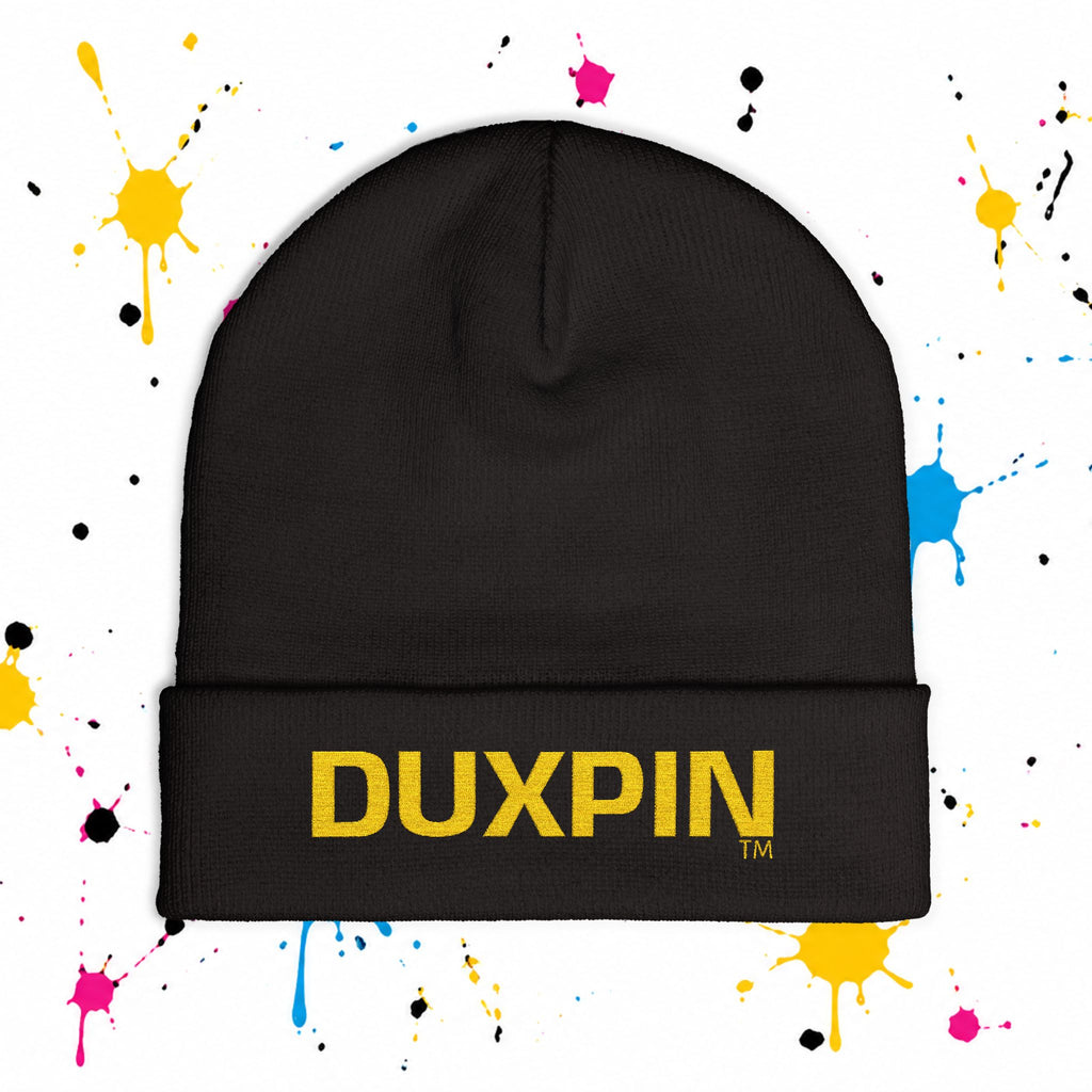 Embroidered 'DUXPIN' Knit Beanie – Cozy Winter Hat with Gold Lettering