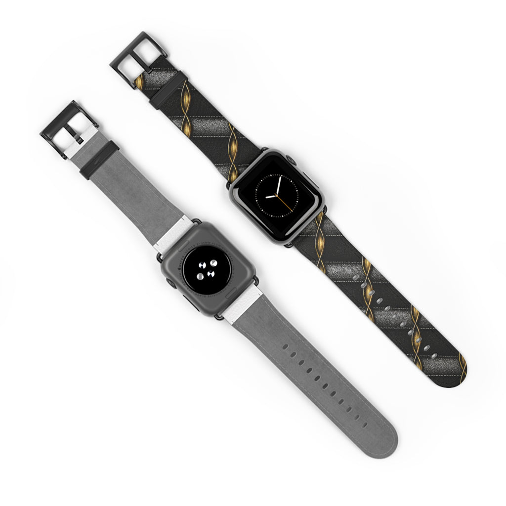 Black Quilted Leather Watch Band with Gold Chain Accent — Luxury Apple Watch Strap