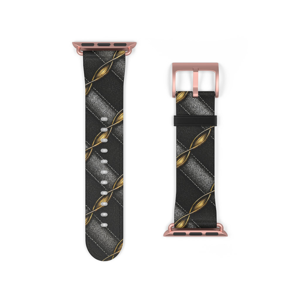 Black Quilted Leather Watch Band with Gold Chain Accent — Luxury Apple Watch Strap