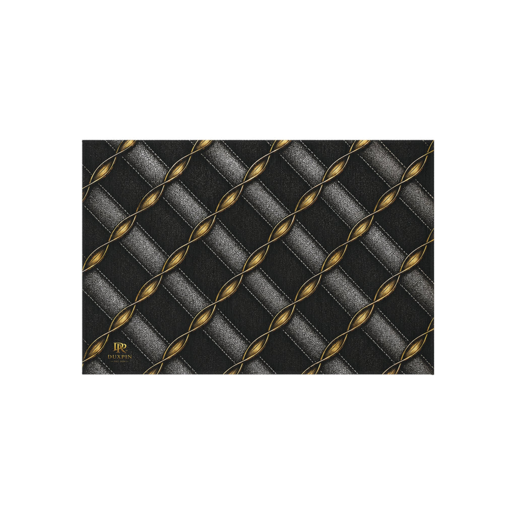 Outdoor Rug - Black Quilted Chain Pattern with Gold Accents