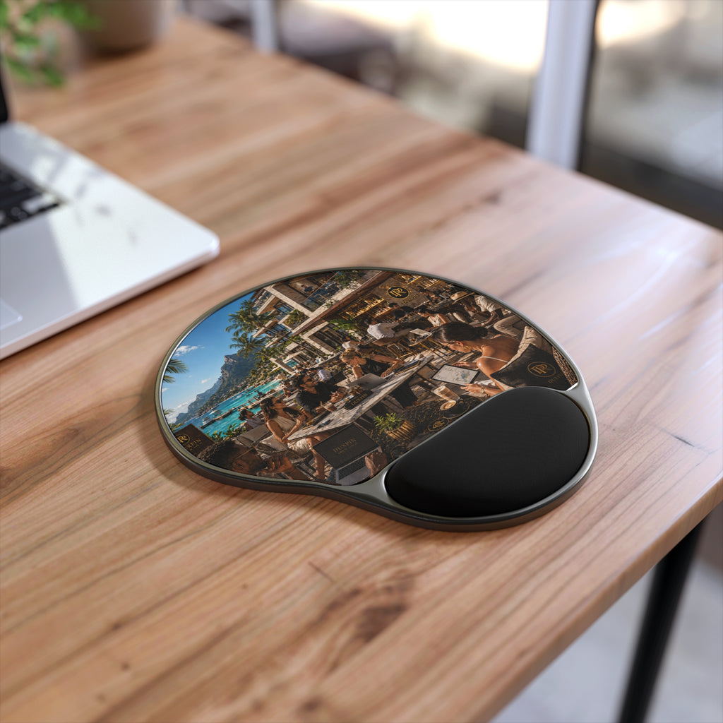 Tropical Beach Café Mouse Pad with Gel Wrist Rest – Oceanfront Workspace Vibe