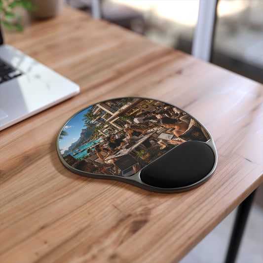 Tropical Beach Café Mouse Pad with Gel Wrist Rest – Oceanfront Workspace Vibe
