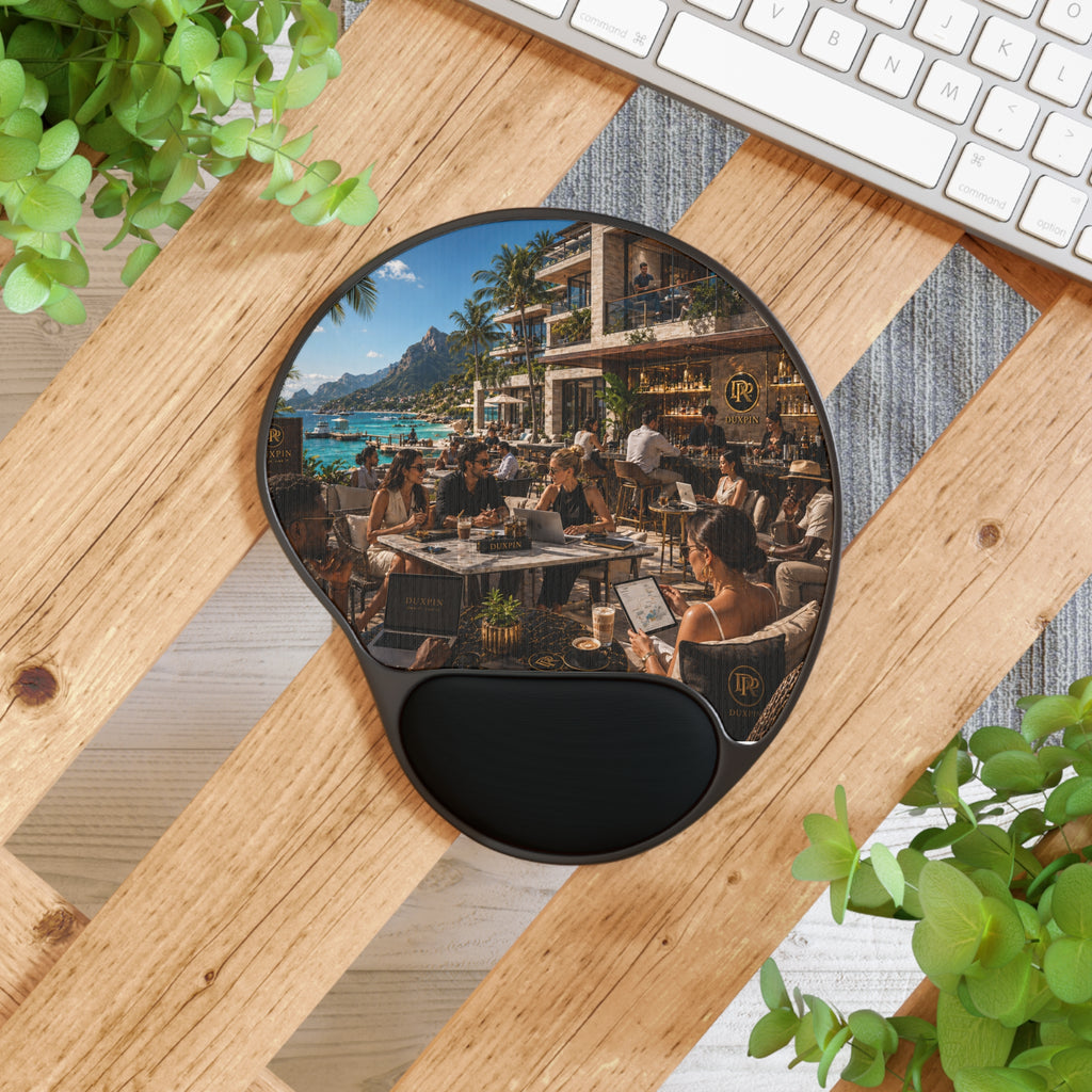 Tropical Beach Café Mouse Pad with Gel Wrist Rest – Oceanfront Workspace Vibe