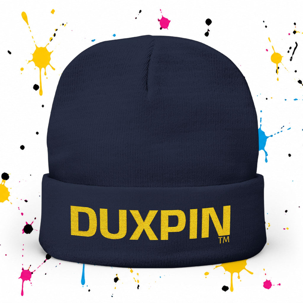 Embroidered 'DUXPIN' Knit Beanie – Cozy Winter Hat with Gold Lettering