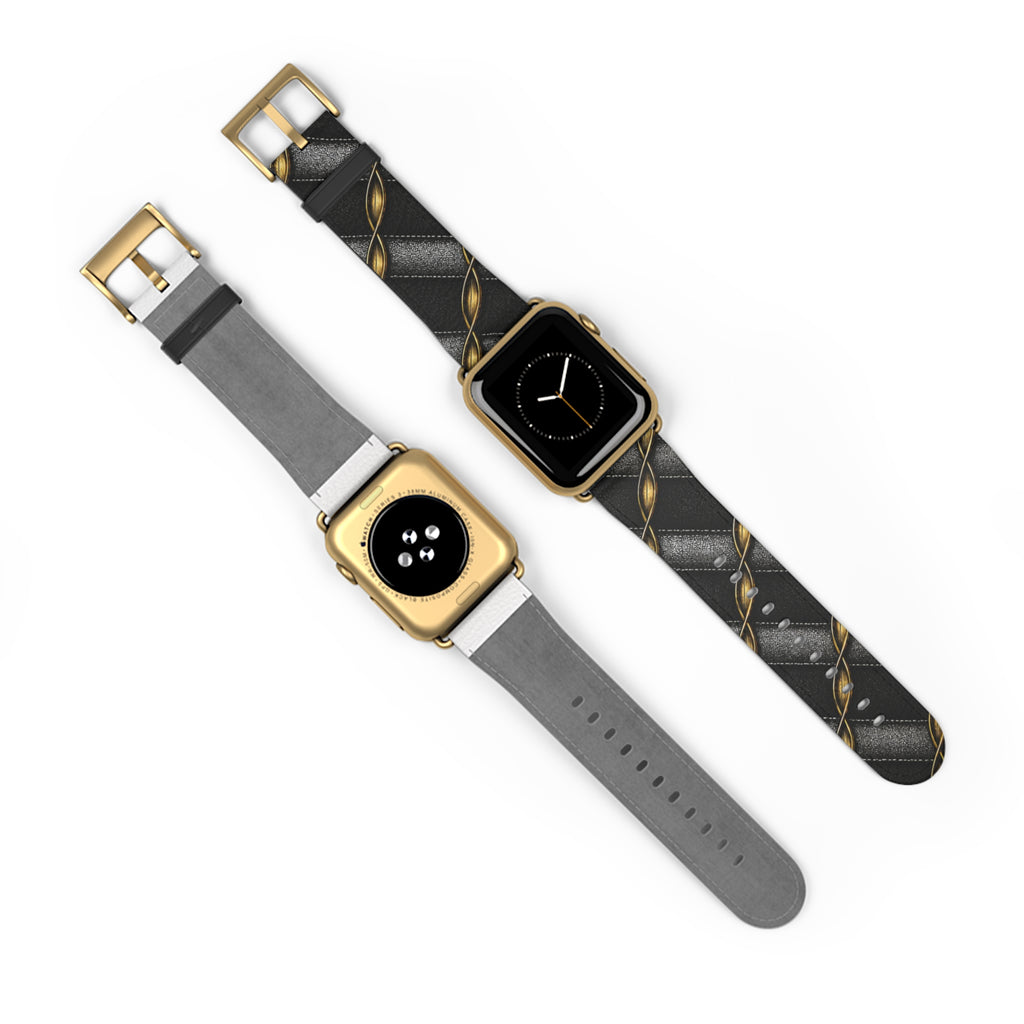 Black Quilted Leather Watch Band with Gold Chain Accent — Luxury Apple Watch Strap