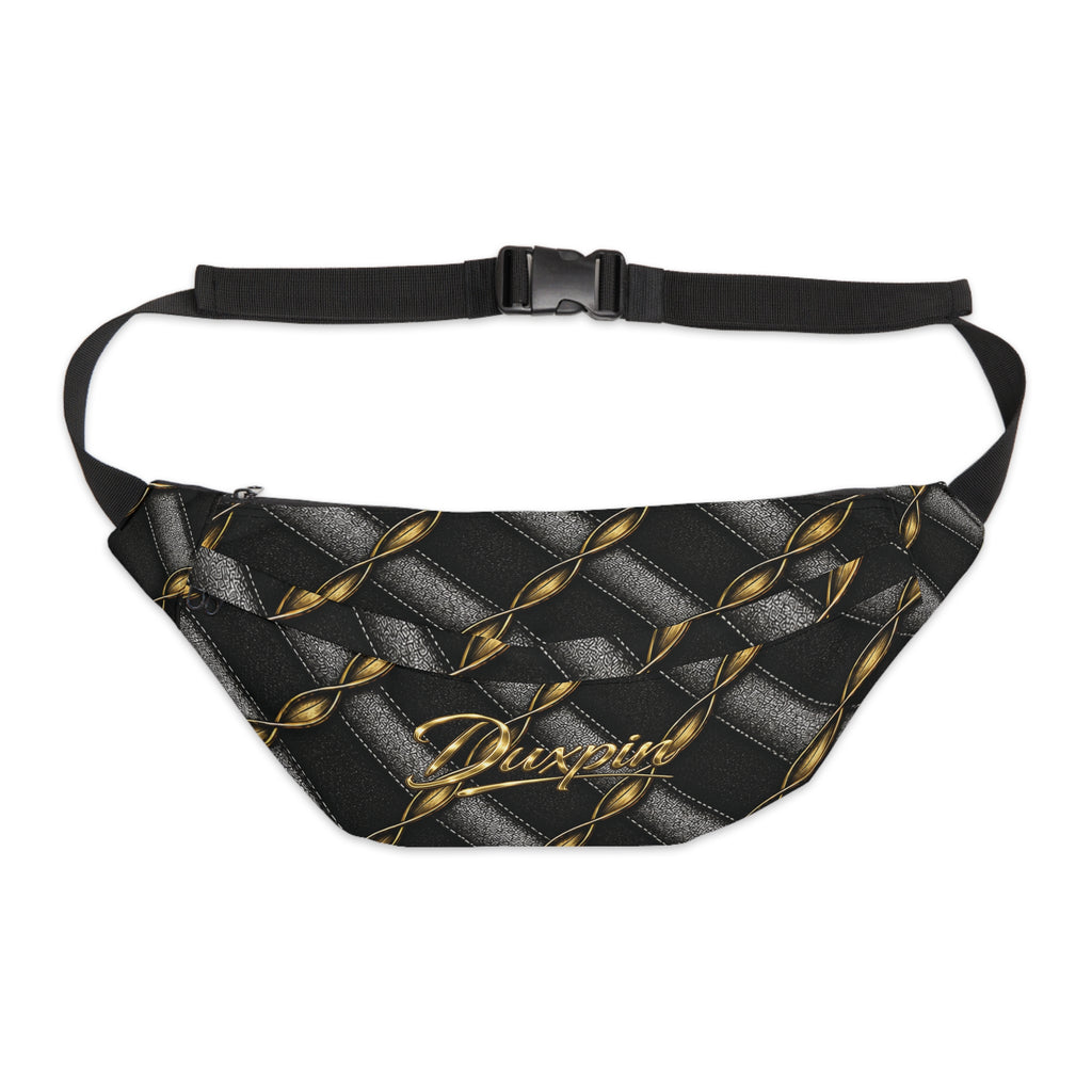 Duxpin | Large Fanny Pack — Black Quilted Chain Print with Gold Script