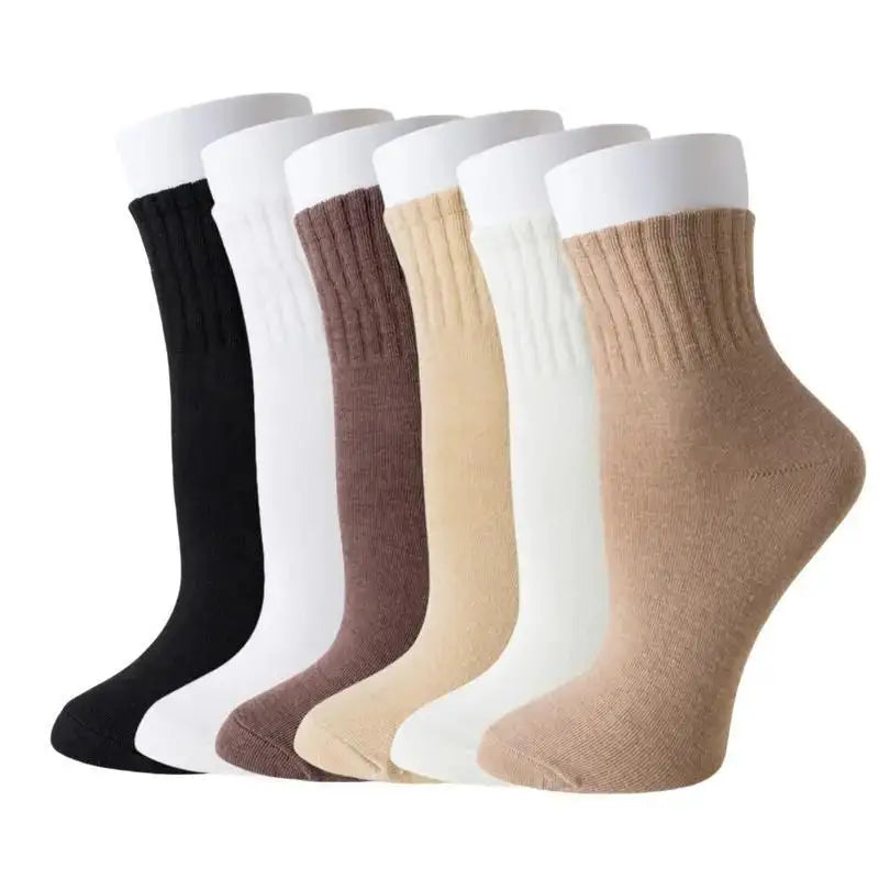 6 Pairs Multi-Color Heap Socks Set - Ribbed Knit Soft Elastic, Black/Brown/Beige/White Daily Casual Unisex