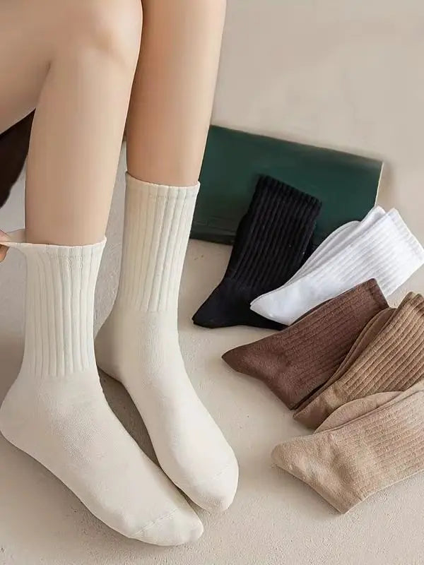 6 Pairs Multi-Color Heap Socks Set - Ribbed Knit Soft Elastic, Black/Brown/Beige/White Daily Casual Unisex