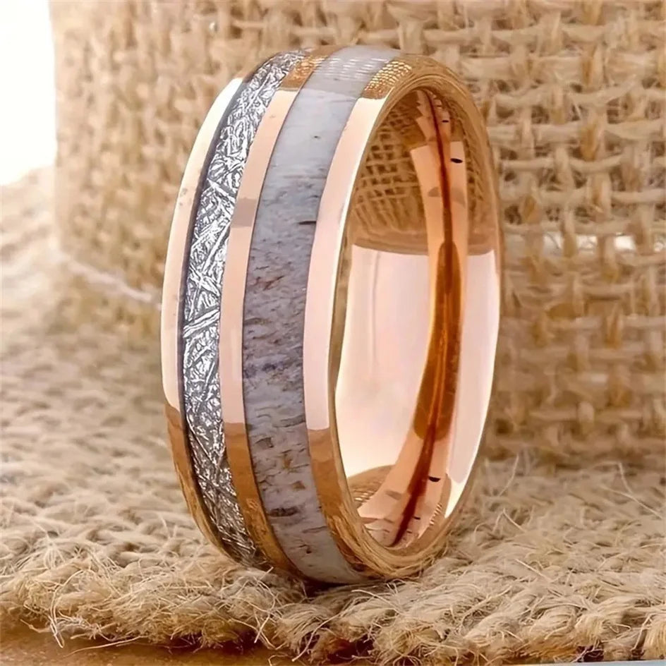 Fashion 8MM Gold Color Men Stainless Steel Ring Pink Abalone Shell Inlay Rings For Men Women Wedding Engagement Jewelry Gift