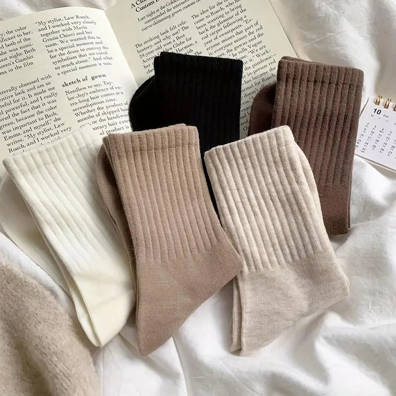 6 Pairs Multi-Color Heap Socks Set - Ribbed Knit Soft Elastic, Black/Brown/Beige/White Daily Casual Unisex