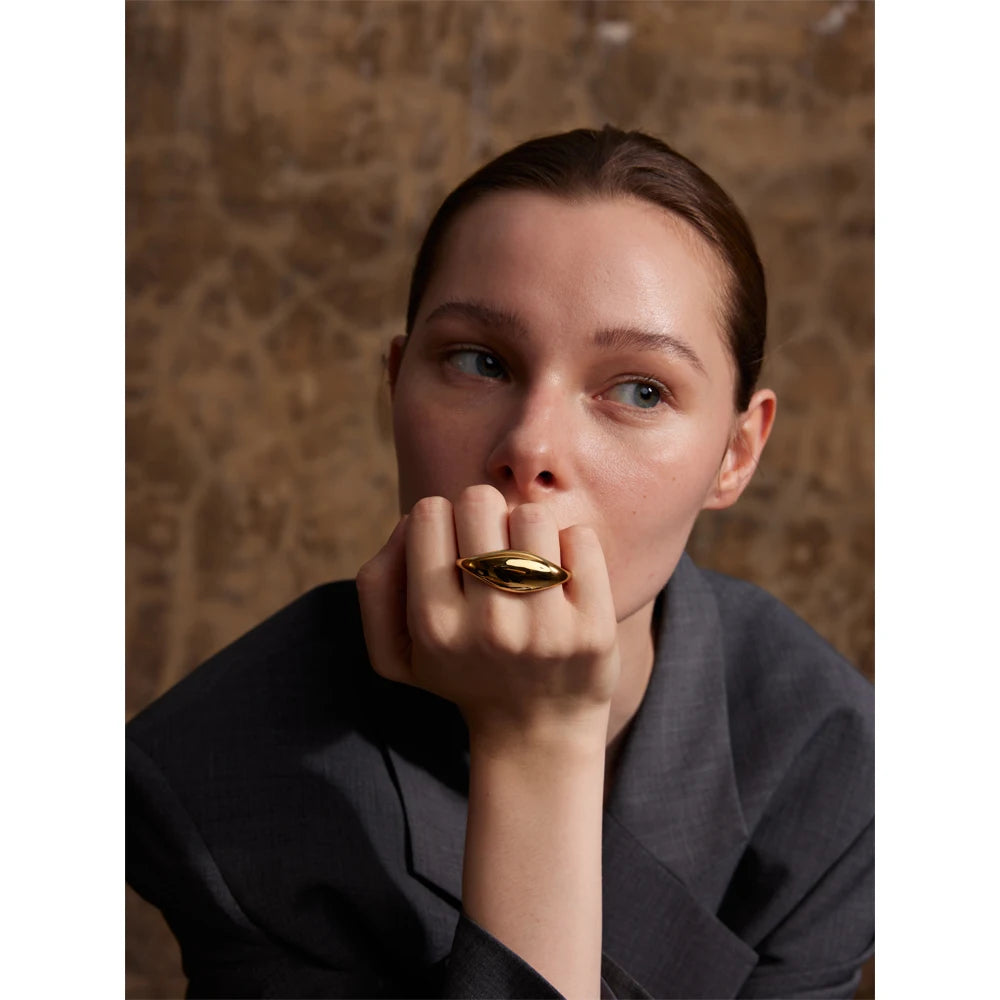 Yhpup Stainless Steel Metal Double Finger Geometric Ring Personality Rust Proof Attractive Big Exaggerated Jewelry Gift